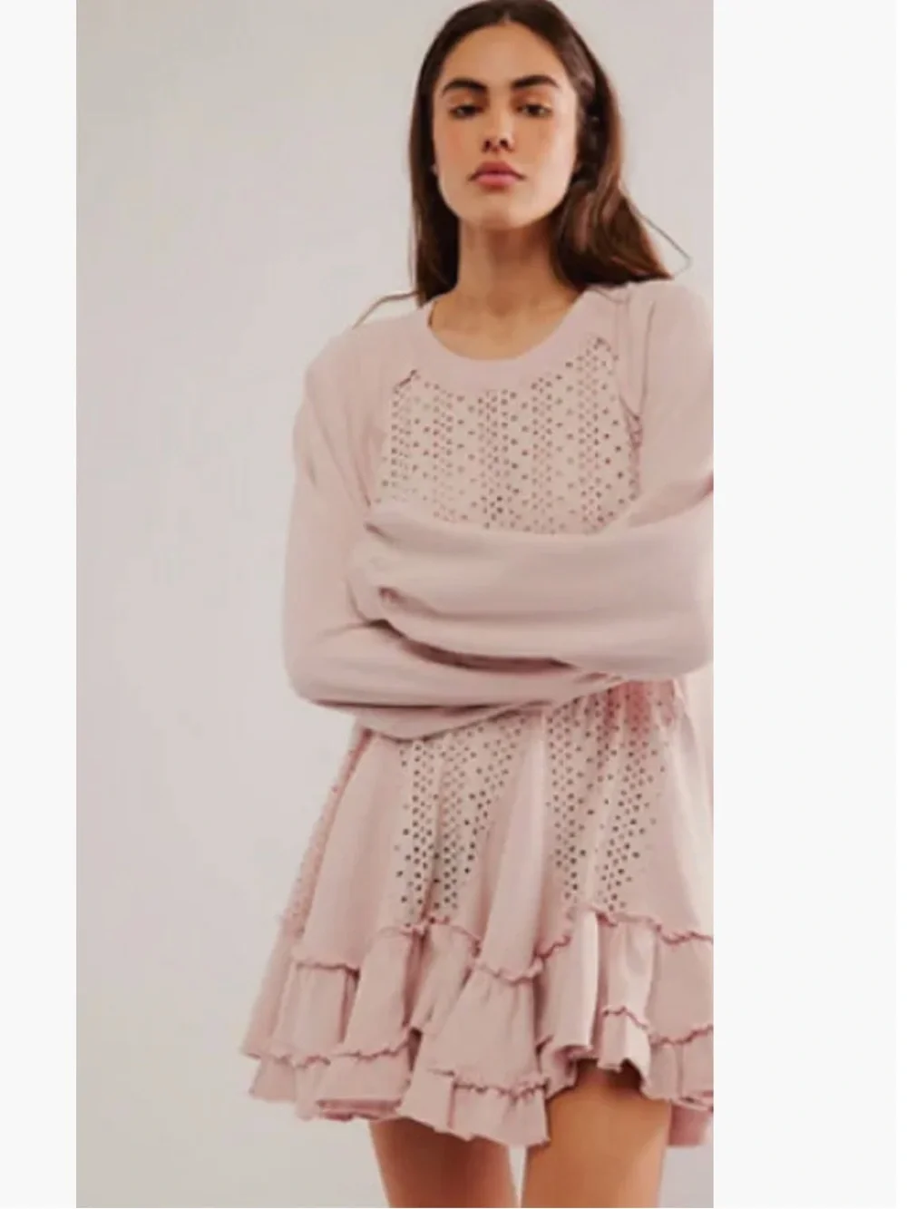 Free People Dusty Blush Eyelet Tiered Mini Dress Eva Sweater Size medium